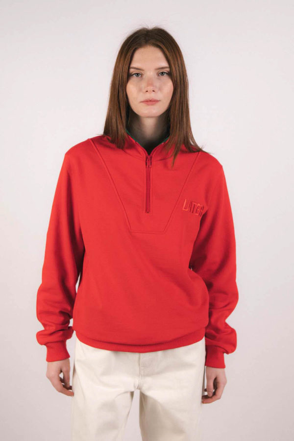 Sweat-shirt col zippé rouge et col vert recyclée, femme