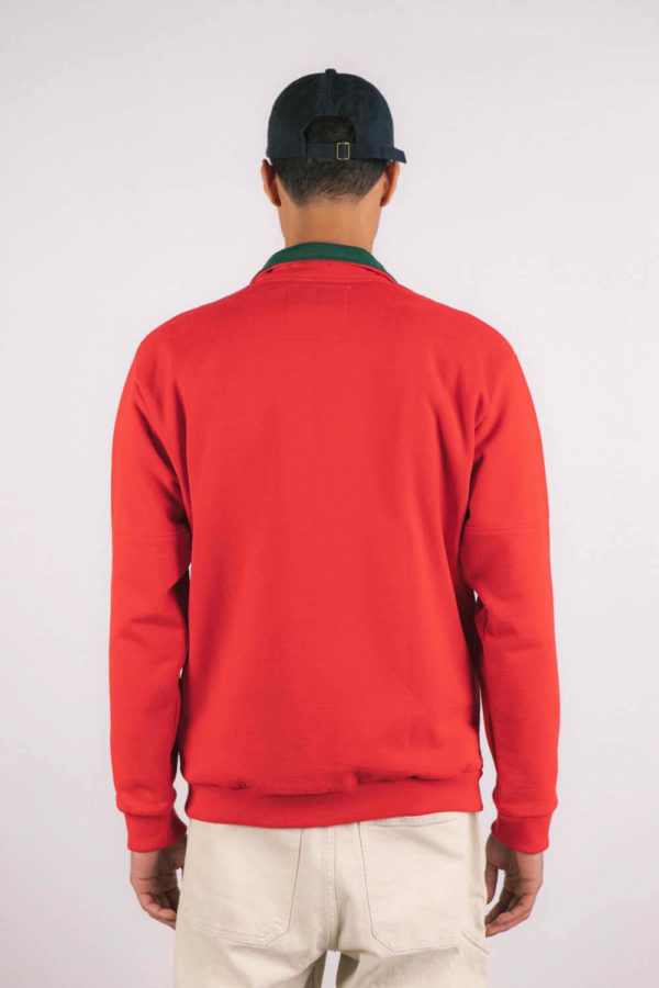 Sweat-shirt col zippé rouge et col vert recyclée, homme
