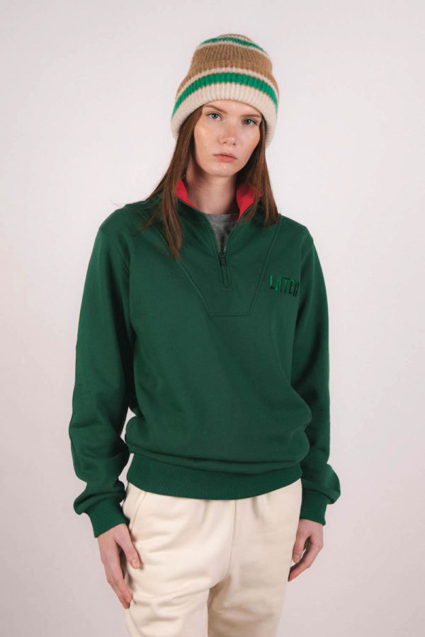 Sweat-shirt col zippé vert et col rouge recyclée, femme